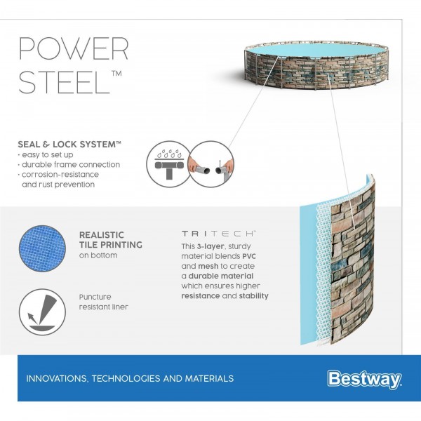 Каркасный бассейн Power Steel 488x122см "Камень" 19480л, фил.-нас. 5678л/ч, лестн., тент, попл.-доз., Bestway 56966 BW
