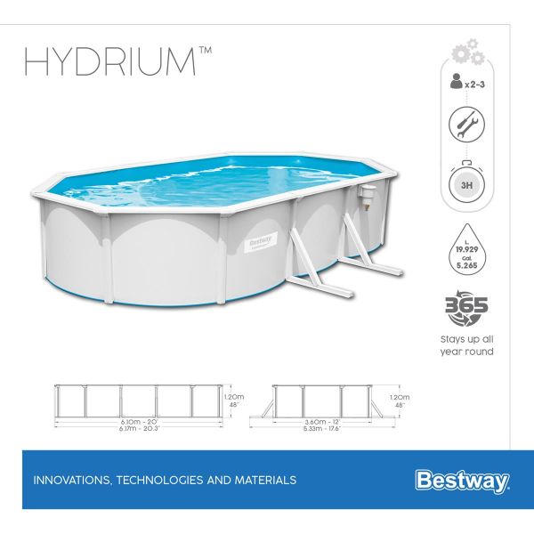 Стальной бассейн Hydrium 610х360х120см, 19929л, песч.фил.-нас 5678л/ч, лестн, тент, подст., Bestway 56369 BW