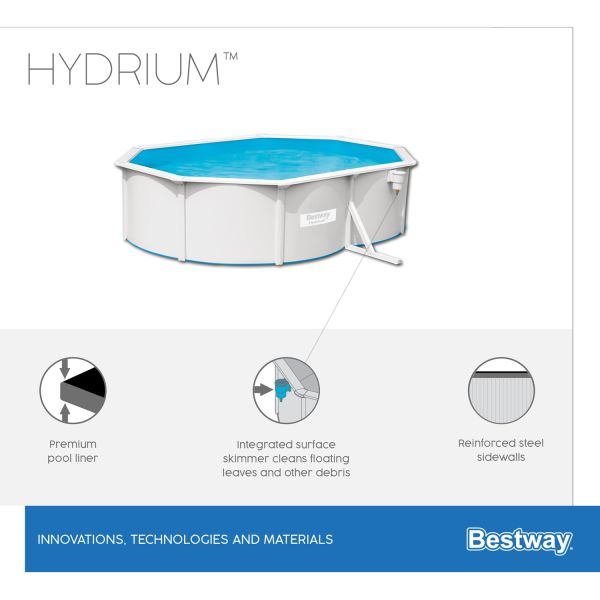 Стальной бассейн Hydrium 500х360х120см, 16296л, песч.фил.-нас 3028л/ч, лестн, тент, подст, попл.-доз, Bestway 56586 BW